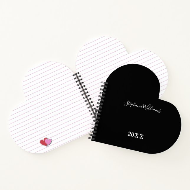 Black White Elegant Custom Name Year Cute Heart Notebook (Inside)