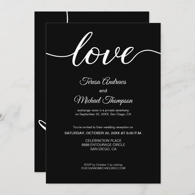 Black White Elegant Elopement Wedding Reception Invitation (Front/Back)