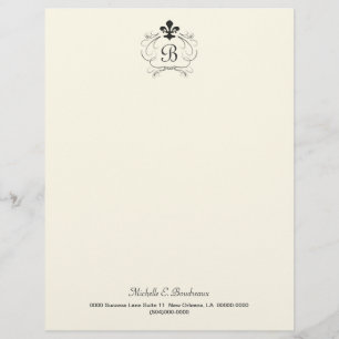 Black White Elegant Fleur de Lis Monogram Letterhead