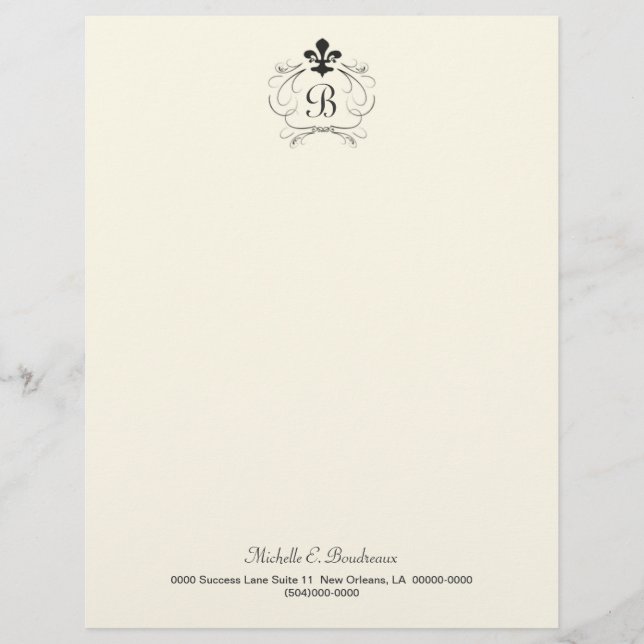 Black White Elegant Fleur de Lis Monogram Letterhead (Front)