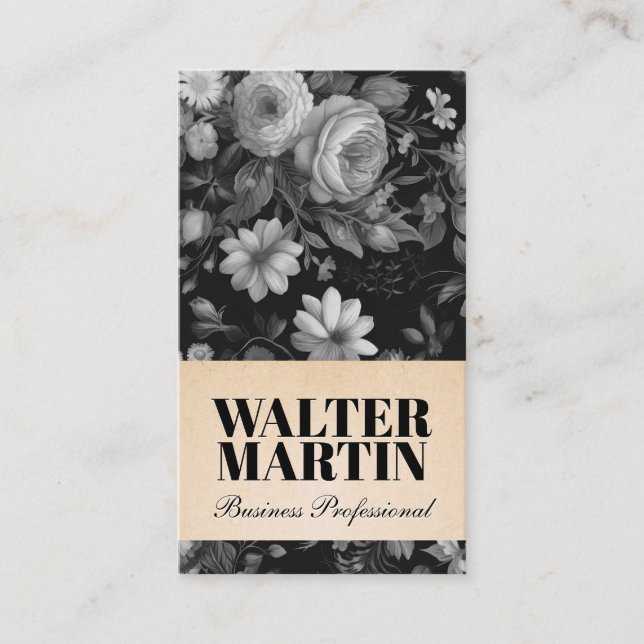 Black White Elegant Floral Background Business Card (Front)