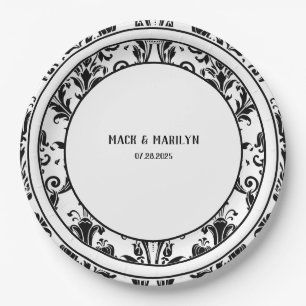 Black & White Elegant Floral Damask Wedding Dinner Paper Plate
