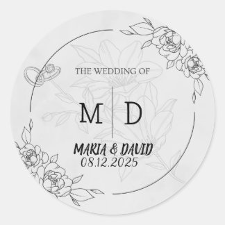 "Black & White Elegant Floral Minimalist Wedding  Classic Round Sticker