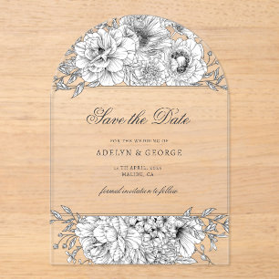 Black White Elegant Floral Save the Date Acrylic Invitations