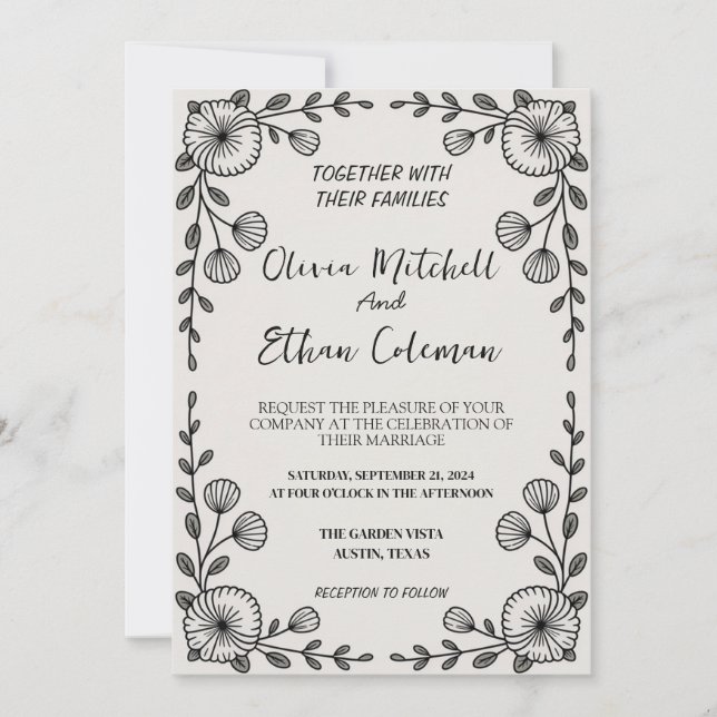 Black & White Elegant Flower Wedding Invitation (Front)