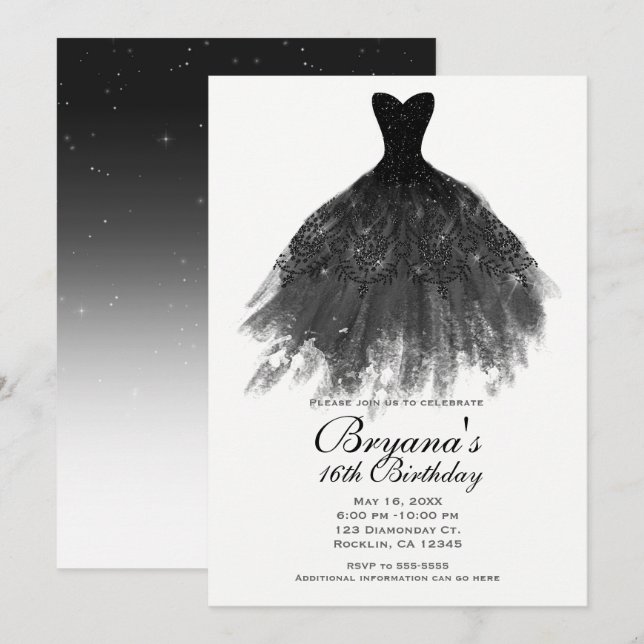 Black & White Elegant Glam Dress Sweet 16 Party Invitation (Front/Back)