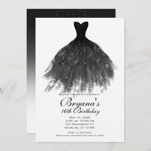 Black & White Elegant Glam Dress Sweet 16 Party Invitation