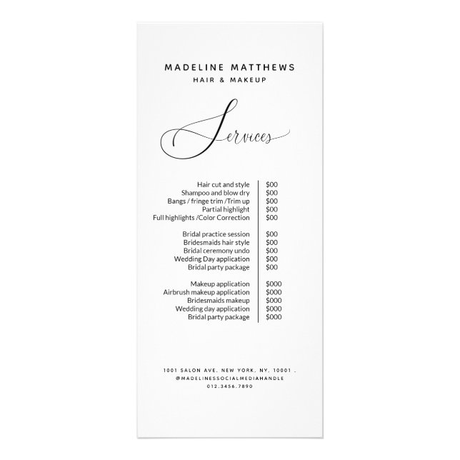 Black White Elegant Hair Stylist Salon Price List  Rack Card (Front)