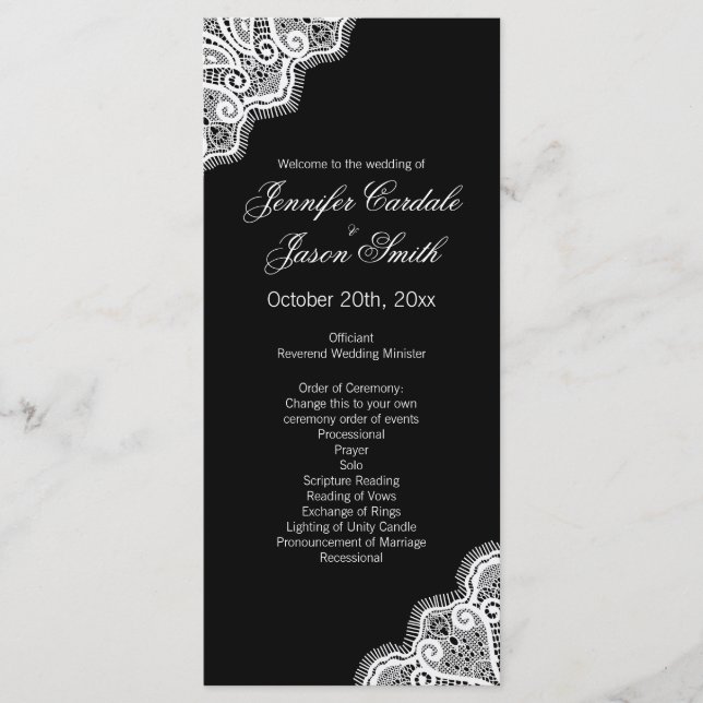 Black White Elegant Lace Vertical Wedding Programs Programme (Front)