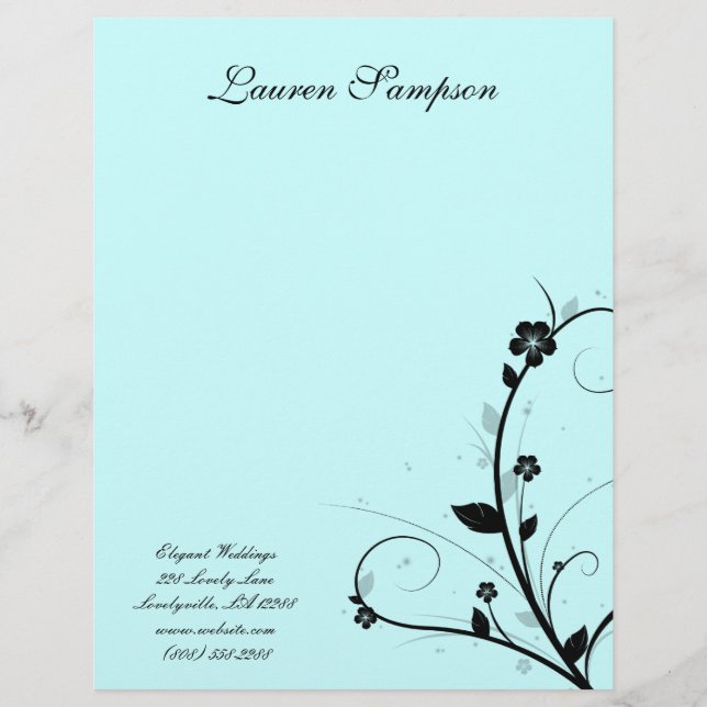 Black White Elegant Letterhead Floral Wall Blue 2 (Front)