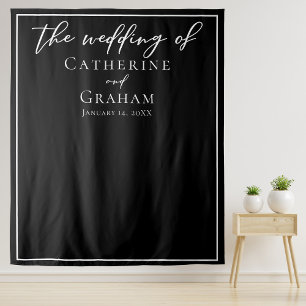 Black White Elegant Minimalist Wedding Backdrop Tapestry