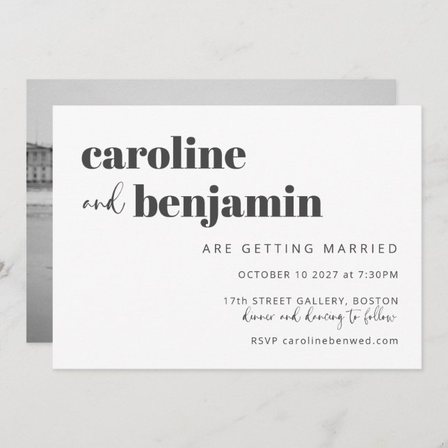 Black White Elegant Modern Chic Photo Wedding  Invitation (Front/Back)
