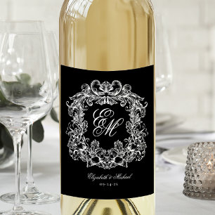 Black White Elegant Monogram Crest Vintage Wedding Wine Label