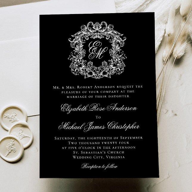 Black White Elegant Monogram Crest Wedding Invitation (Creator Uploaded)