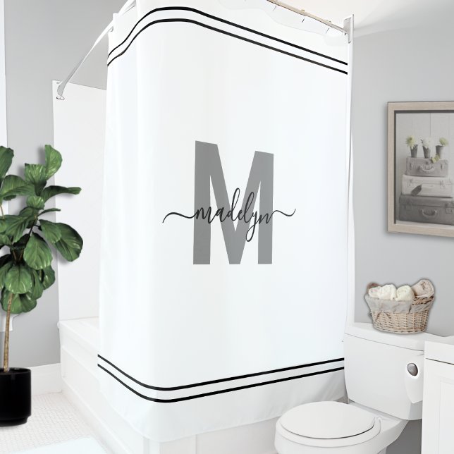 Black White Elegant Name Initial Monogram Shower Curtain (Elegant Name Initial Monogram Black White Shower Curtain)