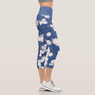 Black & white elegant orchid floral modern blue capri leggings