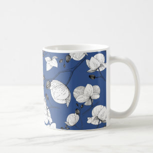 Black & white elegant orchid floral modern blue coffee mug
