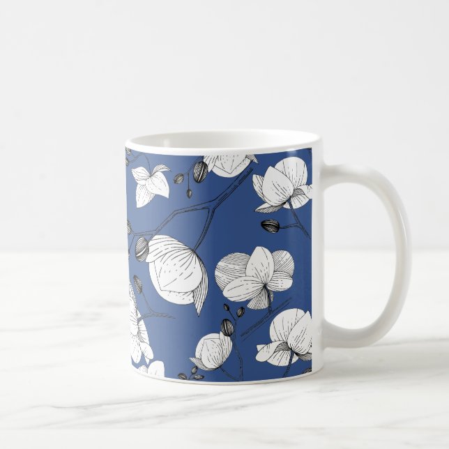 Black & white elegant orchid floral modern blue coffee mug (Right)