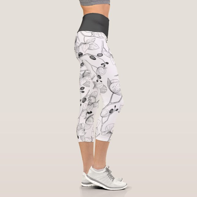 Black & white elegant orchid floral modern capri leggings (Right)