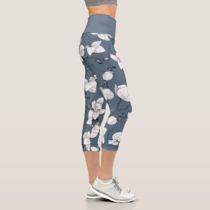 Black & white elegant orchid floral modern grey capri leggings