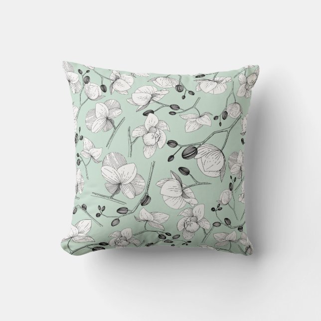 Black & white elegant orchid floral modern mint cushion (Front)
