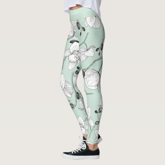 Black & white elegant orchid floral modern mint leggings (Left)