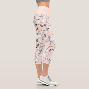 Black & white elegant orchid floral modern pink capri leggings