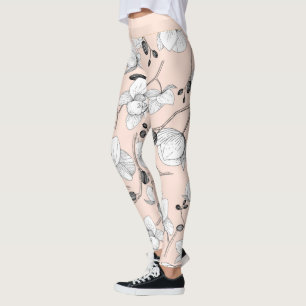 Black & white elegant orchid floral modern pink leggings