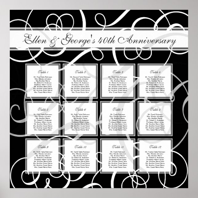 Black White Elegant Party 12 Table Seating Chart (Front)