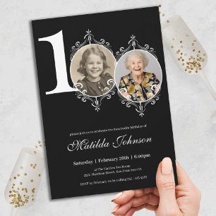 Black White Elegant Photo 100th Birthday Invitation
