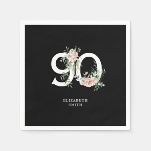 Black & White Elegant Pink Rose 90th Birthday Napkin
