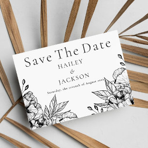 Black white elegant romantic floral Save The Date
