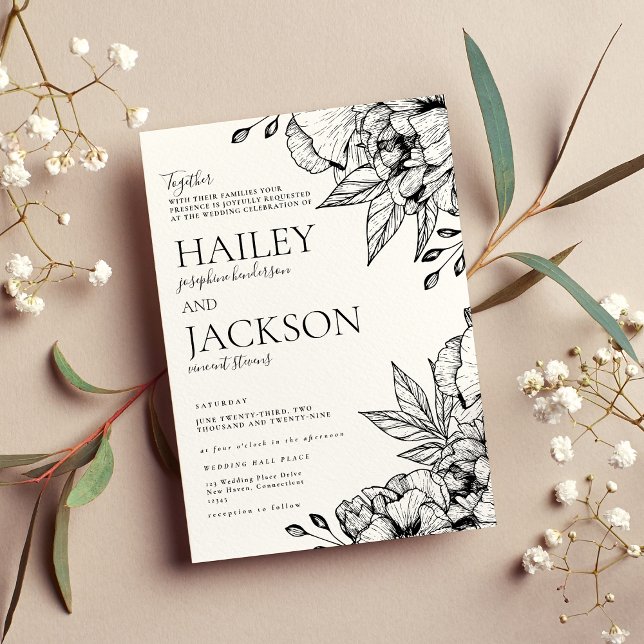 Black white elegant romantic floral wedding  invitation (Black white elegant romantic floral wedding)