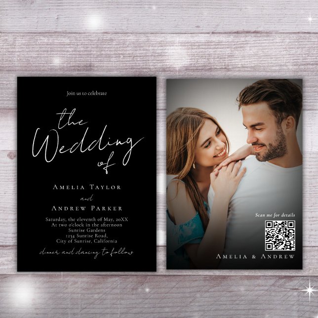 Black White Elegant Script Photo QR Code Wedding Invitation (Creator Uploaded)