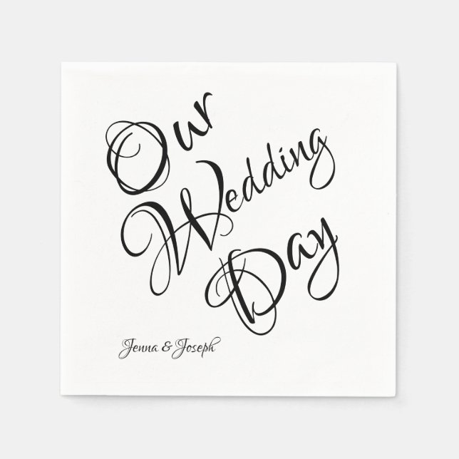 Black & White Elegant Script Wedding Napkin (Front)