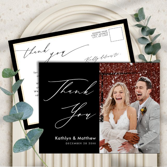Black White Elegant Script Wedding Thank You Postcard (Creator Uploaded)