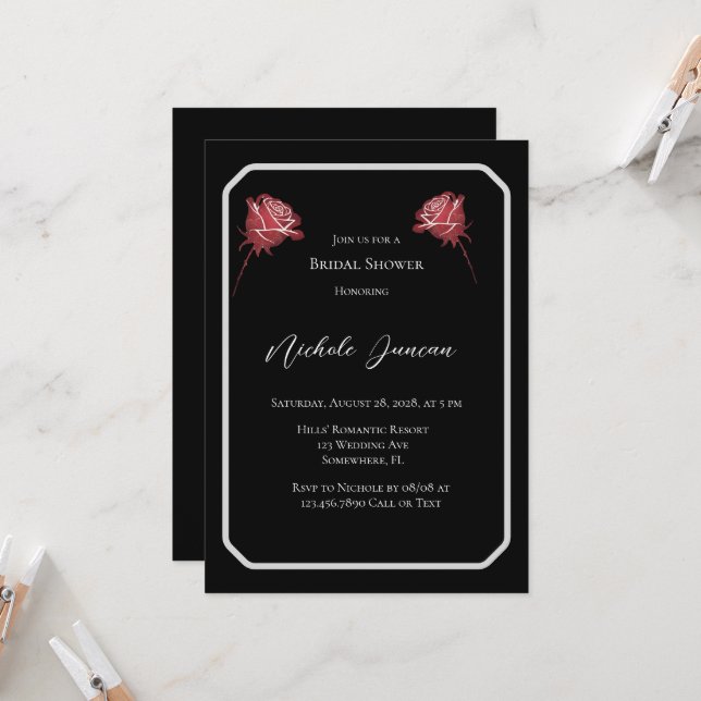 Black & White Elegant Simple Bridal Shower Invitation (Front/Back In Situ)