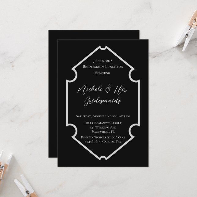 Black & White Elegant Simple Bridesmaids Luncheon Invitation (Front/Back In Situ)