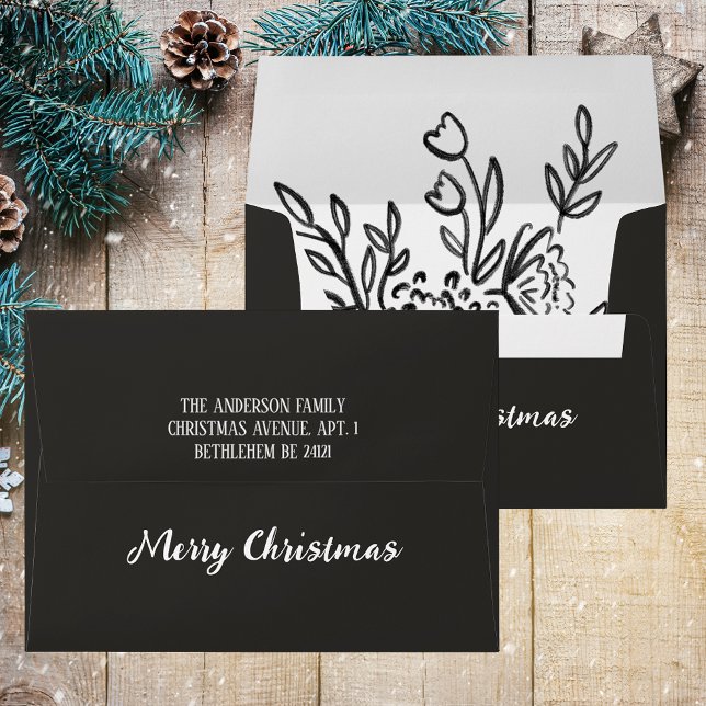 Black White Elegant Simple Modern Merry Christmas Envelope (Black & White Elegant Simple Minimalistic Modern Script Floral Merry Christmas Envelope)
