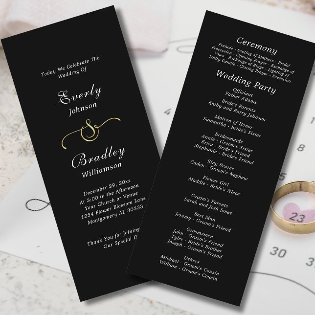 Black White Elegant Simple Script Wedding  Programme (Creator Uploaded)