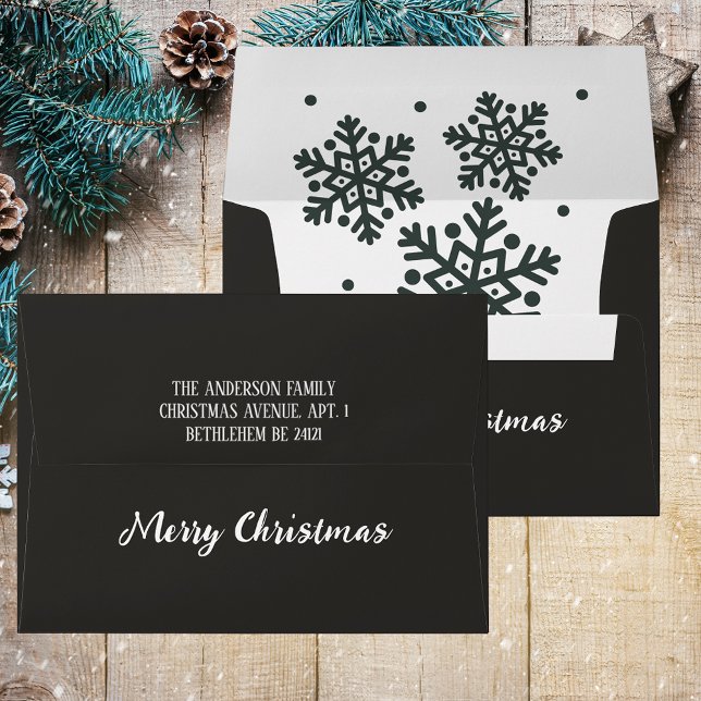 Black & White Elegant Snowflake Merry Christmas Envelope (Elegant Black and White Simple Minimalistic Modern Script Merry Christmas Return Address Envelope)