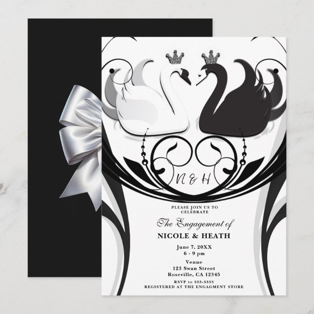 Black & White Elegant Swan Princess Engagement  Invitation (Front/Back)
