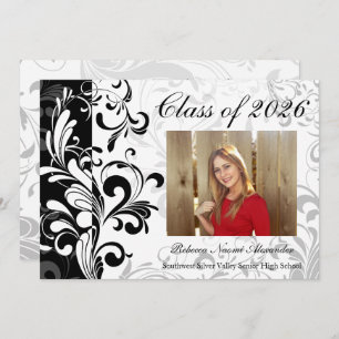 Black White Elegant Swirl Photo 2024 Graduation Invitation
