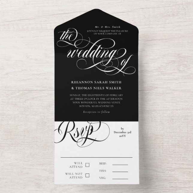Black White Elegant Swirls Wedding All In One Invitation (Inside)