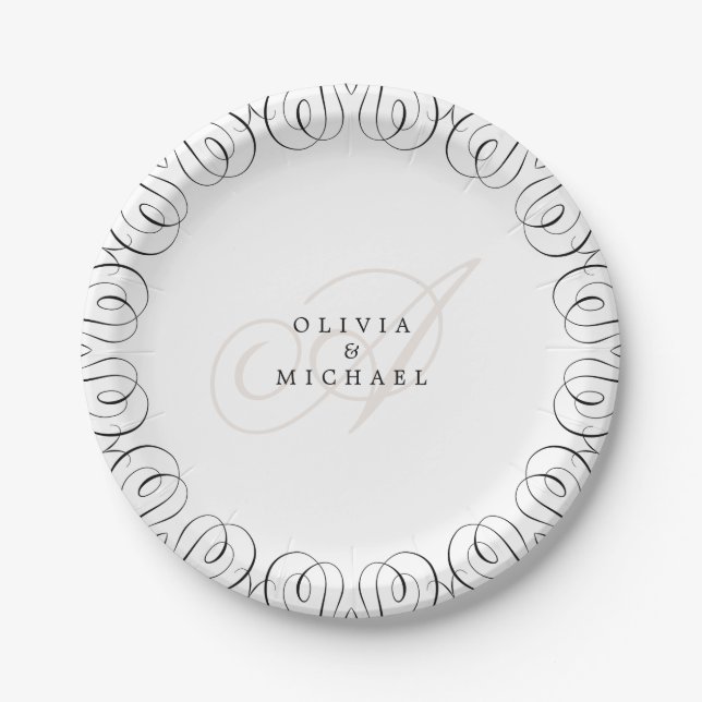 Black white elegant vintage flourish calligraphy paper plate (Front)