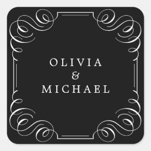 Black white elegant vintage flourish calligraphy square sticker