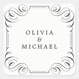 Black white elegant vintage flourish calligraphy square sticker