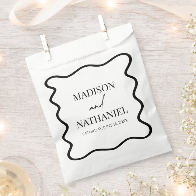 Black White Elegant Wavy Border Wedding Favour Bags (Clipped)