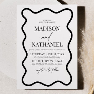 Black White Elegant Wavy Border Wedding Invitation
