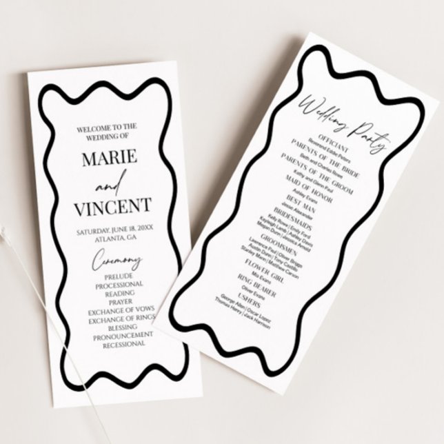 Black White Elegant Wavy Border Wedding Programme (Creator Uploaded)
